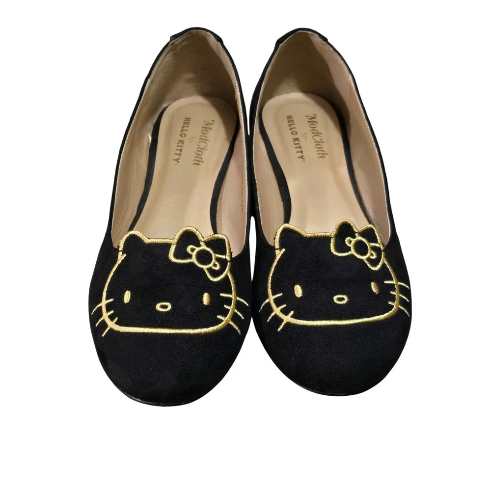 ModCloth Hello Kitty Ballet Flats Womens Gold Embroidered Black Suede Size 9